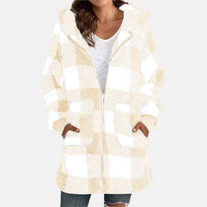 Double Take Full Size Plaid Long Sleeve Hooded Coat