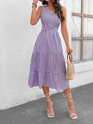 Striped Johnny Collar Sleeveless Midi Dress