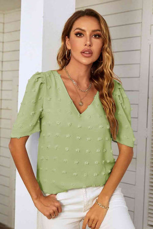 Swiss Dot V-Neck Puff Sleeve Blouse