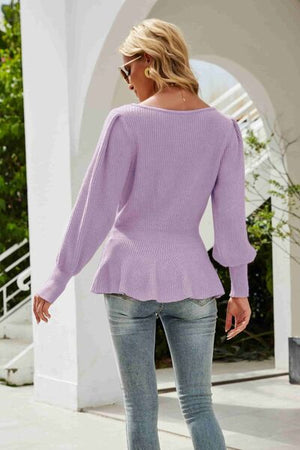 .Ribbed Round Neck Lantern Sleeve Sweater