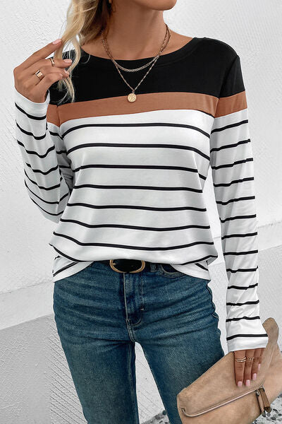 Striped Round Neck Long Sleeve T-Shirt