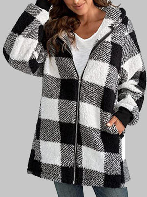 Plaid Zip-Up Hooded Jacket with Pockets