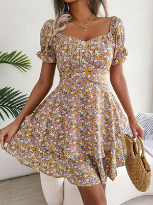 Floral Sweetheart Neck Flounce Sleeve Mini Dress