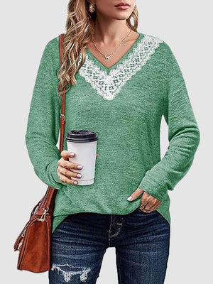 Lace Detail V-Neck Long Sleeve Top