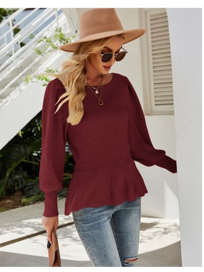 .Ribbed Round Neck Lantern Sleeve Sweater