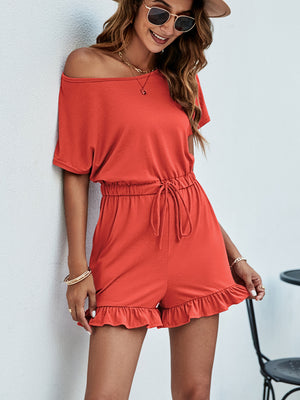 Drawstring Waist Ruffled Short Sleeve Romper