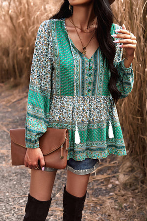 Tassel Tie Long Sleeve Peplum Blouse