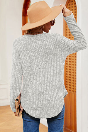 Ribbed Round Neck Long Sleeve T-Shirt