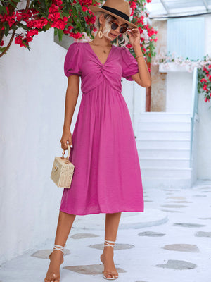 Twisted Short Puff Sleeve V-Neck Dress