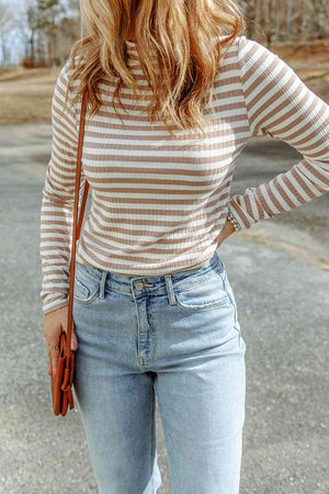 Double Take Striped Mock Neck Long Sleeve Top