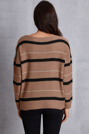 Striped Round Neck Dropped Shoulder Sweater