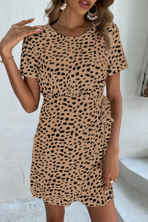 Animal Print Belted Keyhole Round Neck Dress