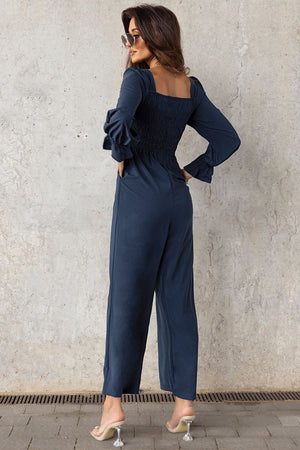 Smocked Long Flounce Sleeve Square Neck Jumpsuit