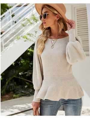 .Ribbed Round Neck Lantern Sleeve Sweater