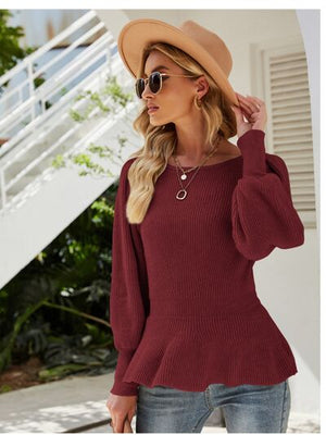 .Ribbed Round Neck Lantern Sleeve Sweater