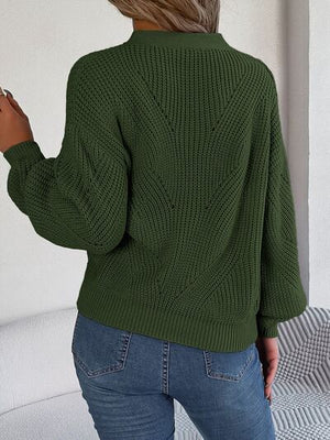 Openwork Half Button Lantern Sleeve Sweater